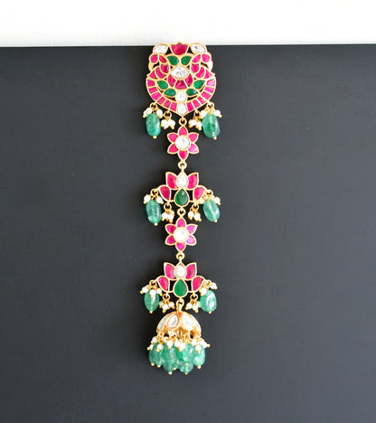 Gold tone pink-green kundan jadau lotus hair jewel dj-52380
