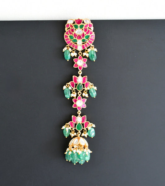 Gold tone pink-green kundan jadau lotus hair jewel dj-52380