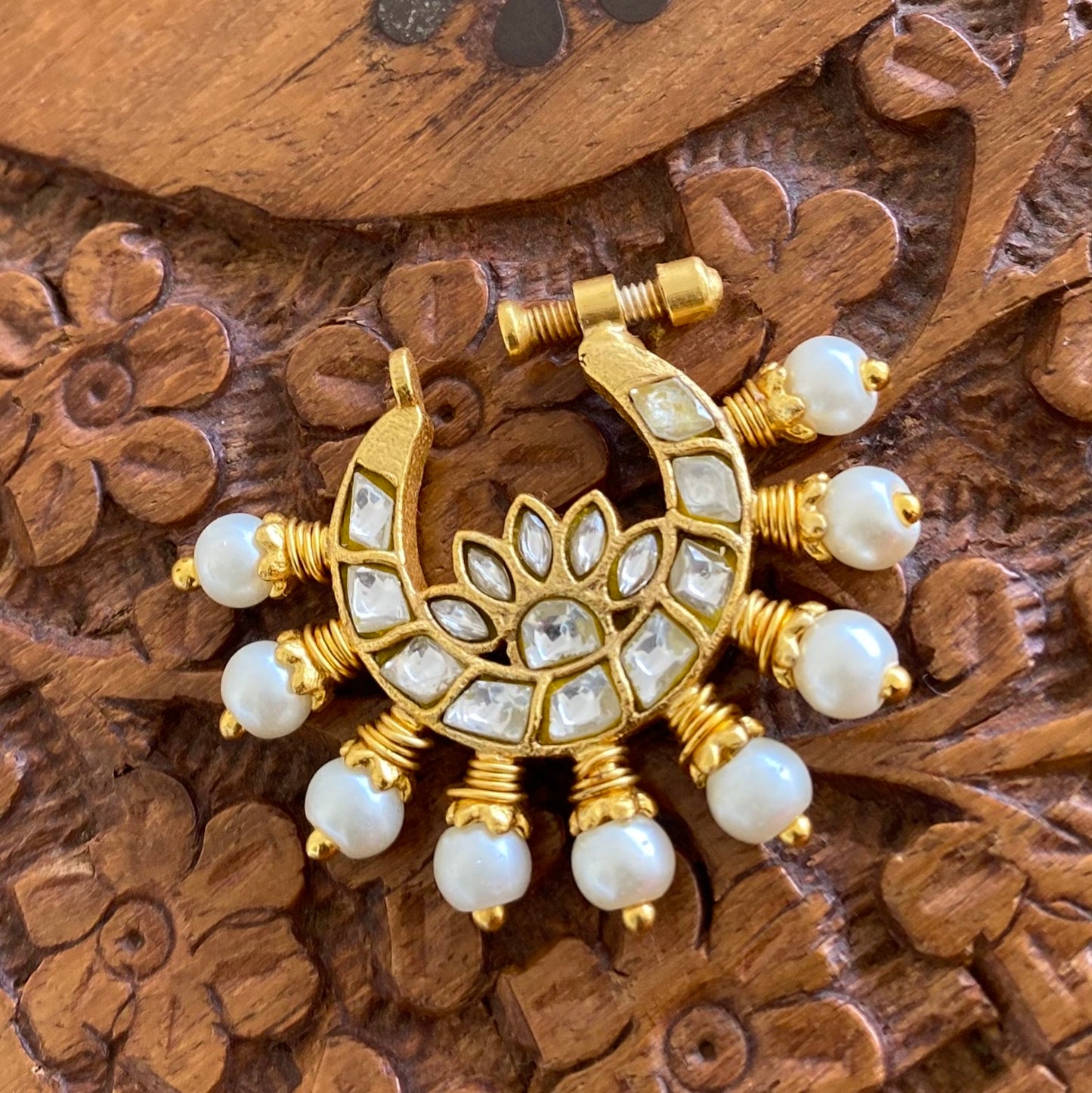 Gold tone kundan jadau white stone pearl nose pin dj-53719