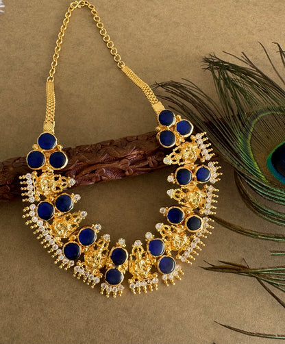 Gold tone blue-white kerala style round Lakshmi necklace dj-51712