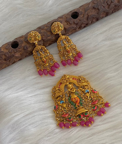Matte finish ruby beaded krishna meenakari pendant set dj-54741