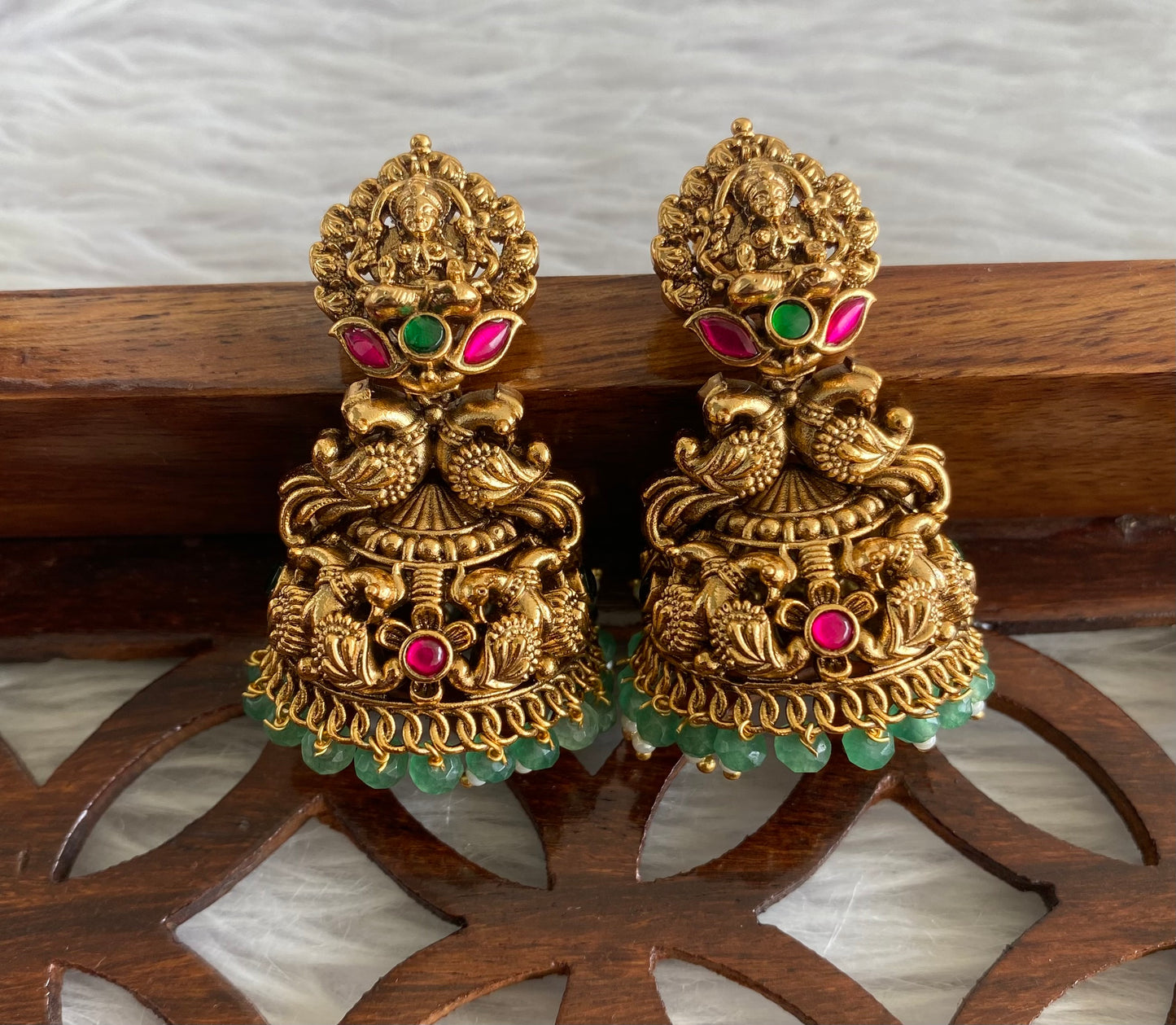Antique gold tone pink-green beaded Lakshmi jhumkka dj-51047