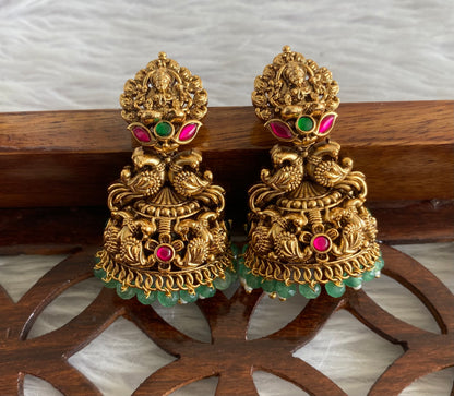 Antique gold tone pink-green beaded Lakshmi jhumkka dj-51047