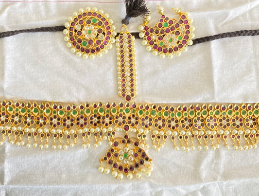 Gold tone precious kemp-green-white pearl mango tikka/head set dj-50525