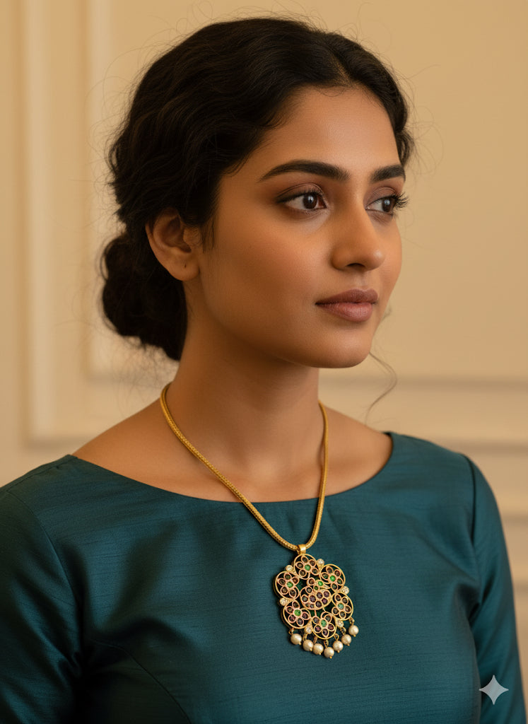 Gold tone precious kemp-green pearl swan necklace dj-52253