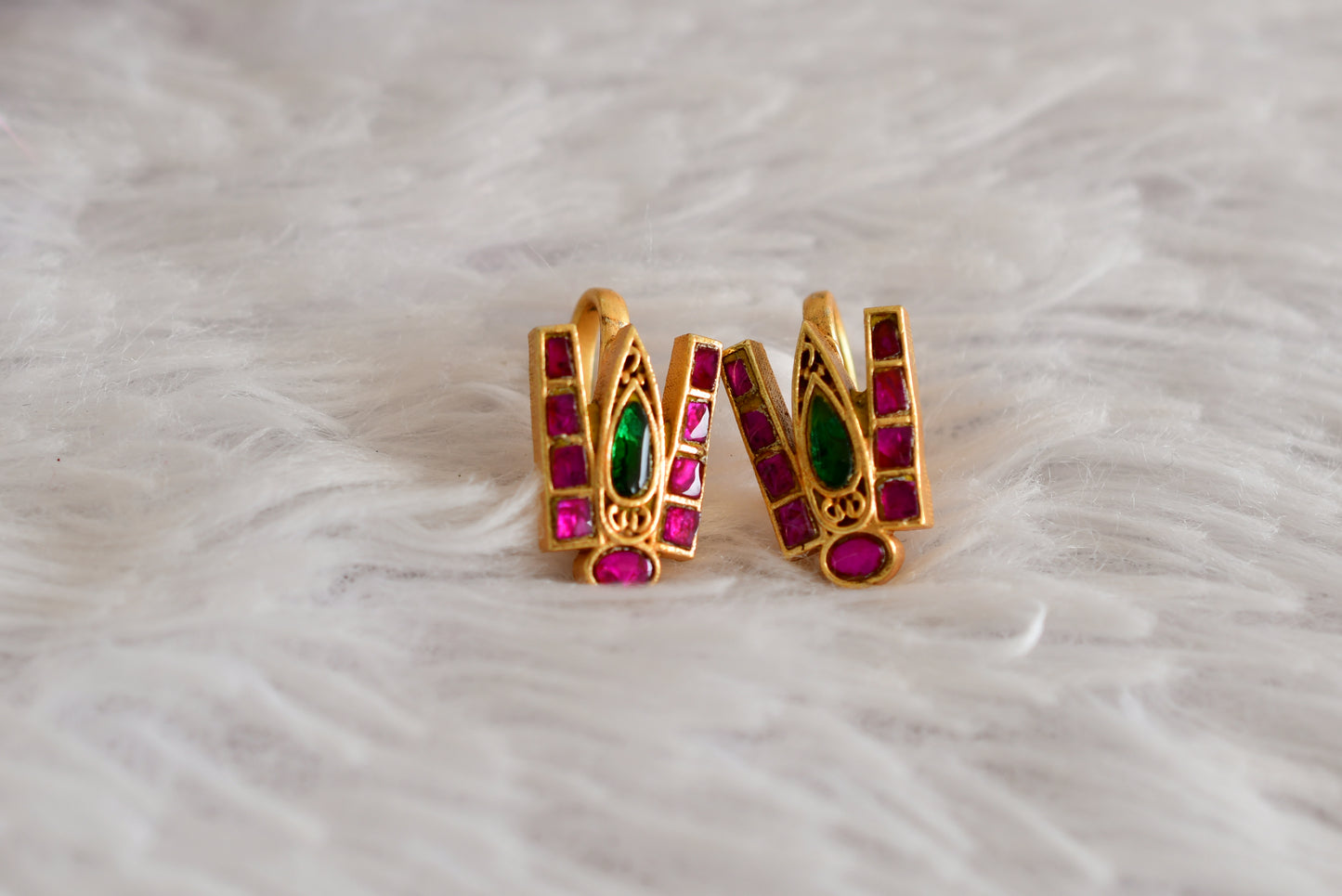 Gold tone pink-green-white kundan jadau Shri Thirumal Nama bugadi earrings dj-52496