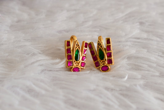 Gold tone pink-green-white kundan jadau Shri Thirumal Nama bugadi earrings dj-52496