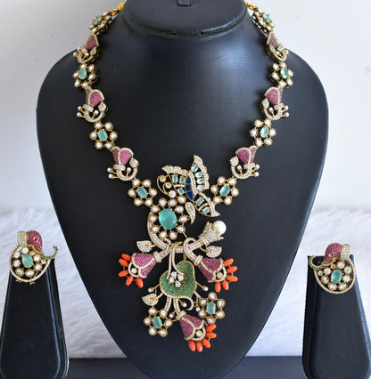 Antique gold tone cz ruby-sea green-coral peacock necklace set dj-53029