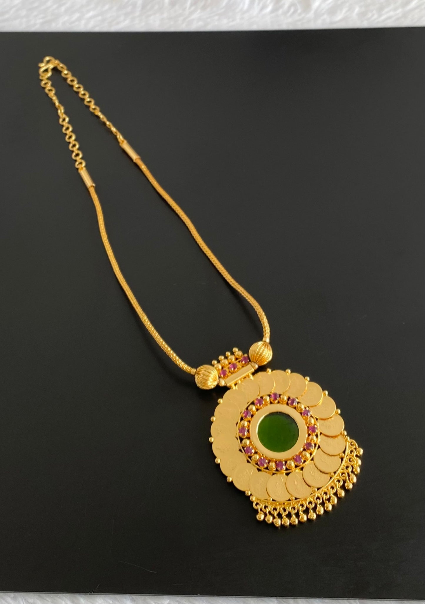 Gold tone pink-green round kerala style lakshmi coin necklace dj-54357