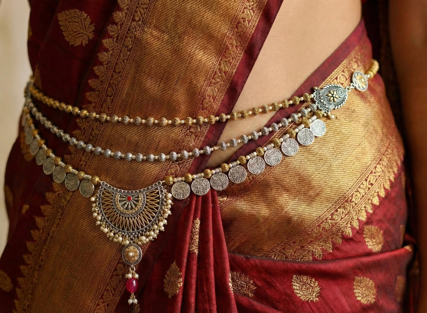 Dual tone coin designer multilayer hip chain dj-40271