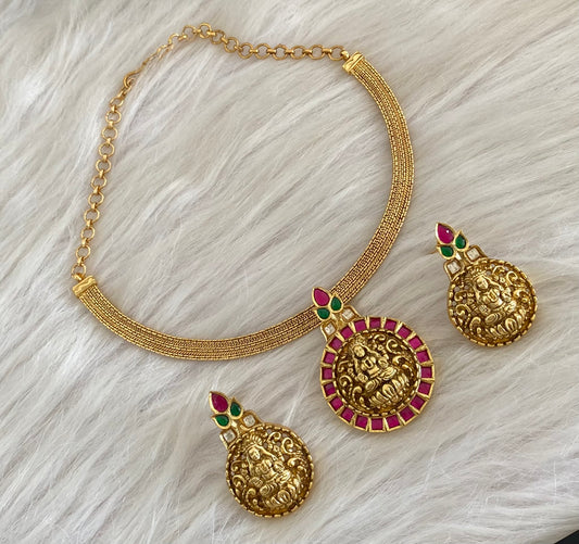 Antique gold tone pink-green-white jadau lakshmi pendant necklace set dj-54768