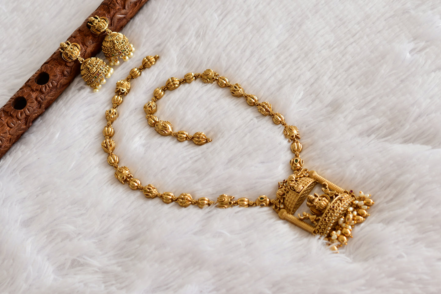 Antique gold tone pink-green lakshmi peacock haar set dj-52433