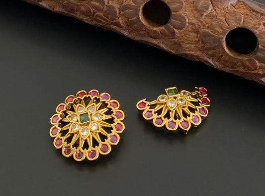 Antique gold tone small kemp-green-white flower sun moon hair jewel dj-53659