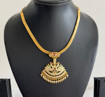 Gold tone south indian AD pink-green-white swan attigai/necklace dj-51742
