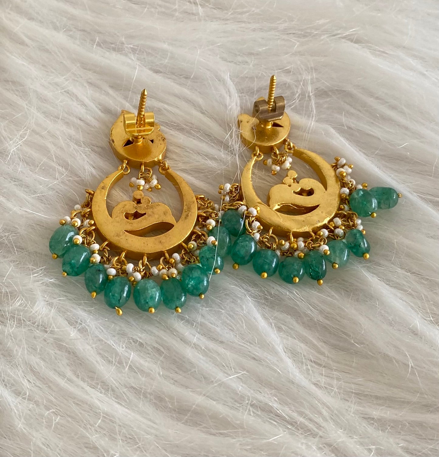 Gold tone pink-green stone peacock kundan jadau bali earrings dj-54592