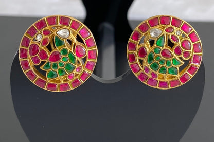 Gold tone pink-green-white kundan jadau peacock stud/earrings dj-53550