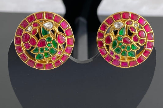 Gold tone pink-green-white kundan jadau peacock stud/earrings dj-53550