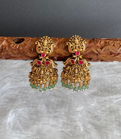 Antique gold tone pink-green beaded Lakshmi jhumkka dj-51481