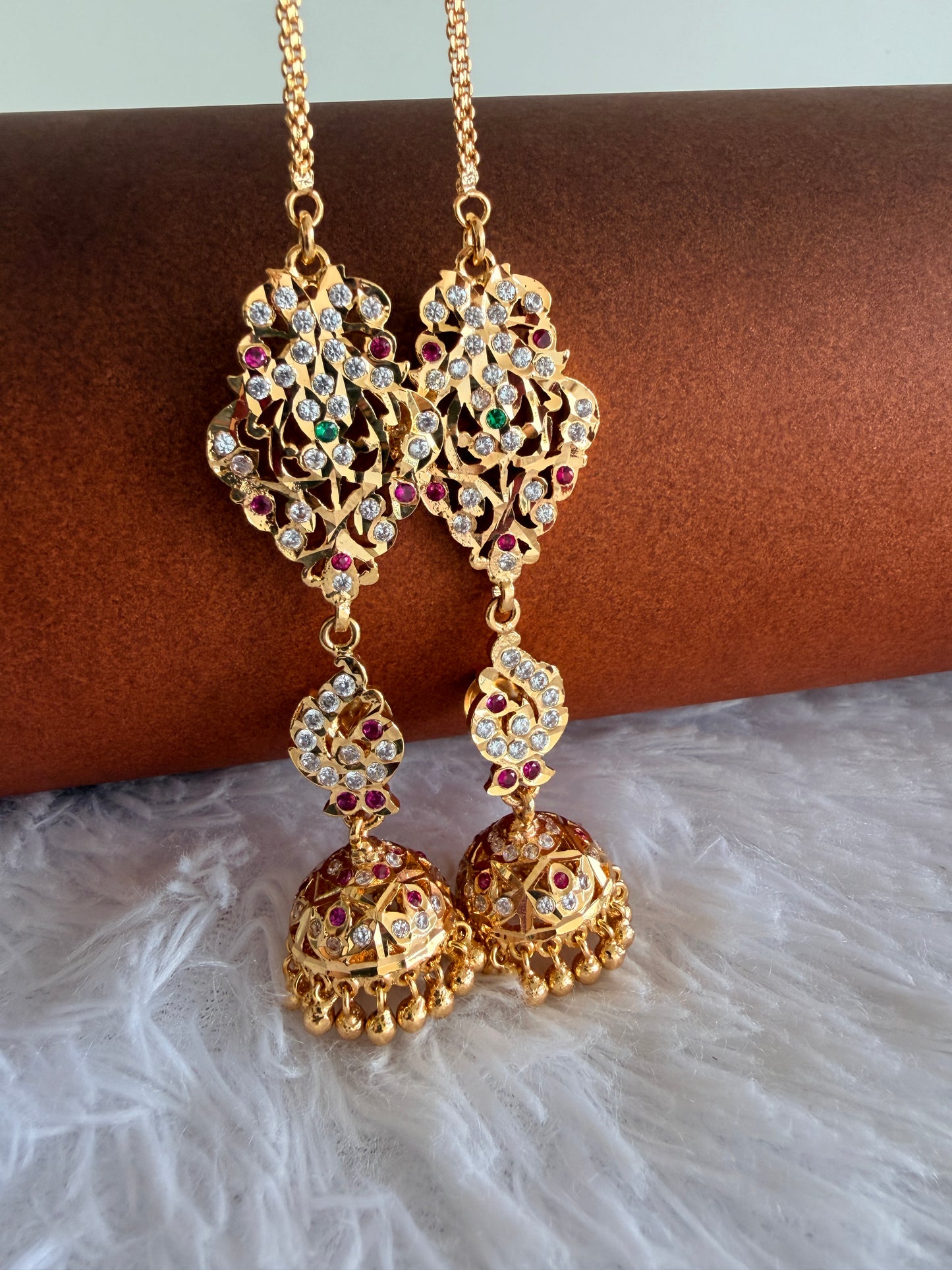 Gold tone AD pink-green south Indian peacock jhumkka with ear side chain dj-53272