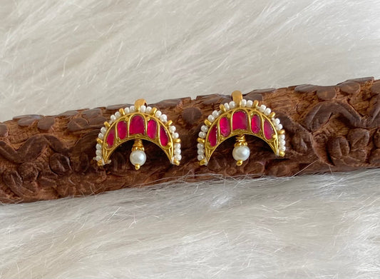 Gold tone pink kundan jadau moon bugadi earrings dj-54595
