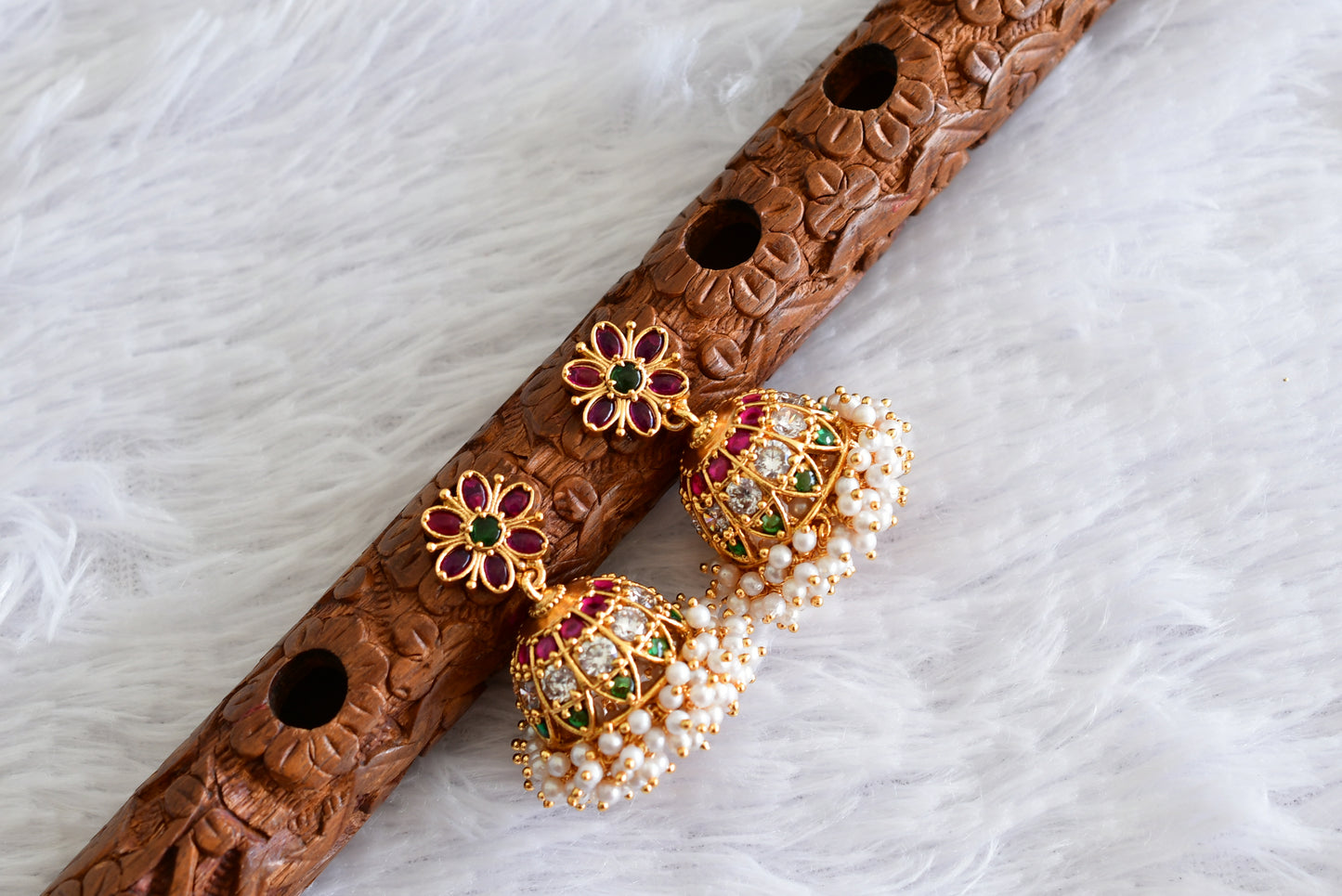 Matte finish cz kemp-green pearl cluster jhumkka dj-33784