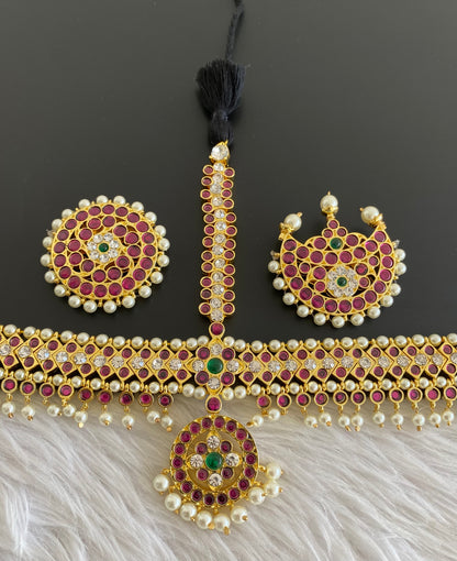 Gold tone precious kemp-green-white pearl maang head set with sun moon dj-53032