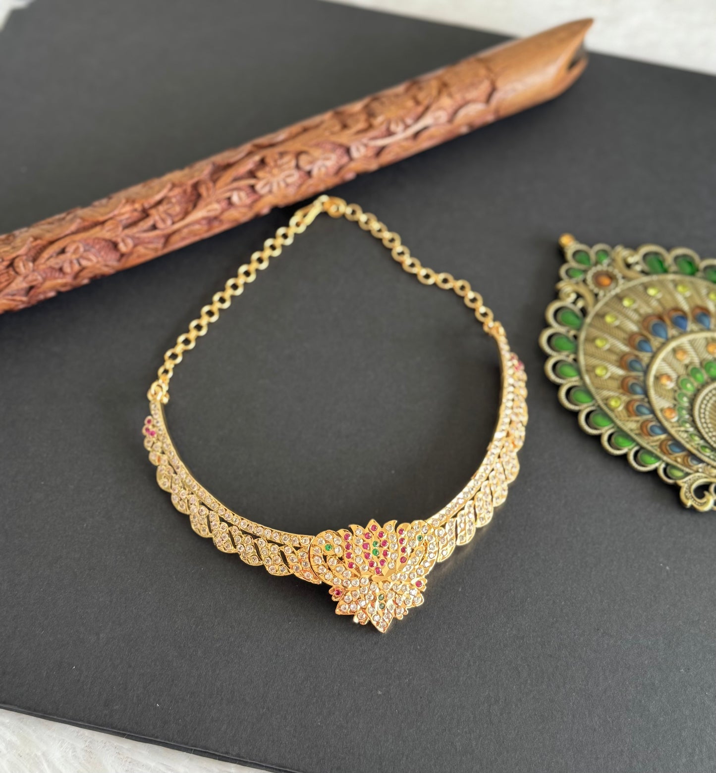 Gold tone South Indian style AD pink-green lotus attigai/necklace dj-52217