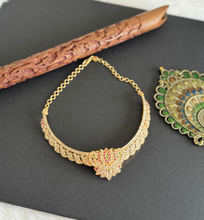 Gold tone South Indian style AD pink-green lotus attigai/necklace dj-52217