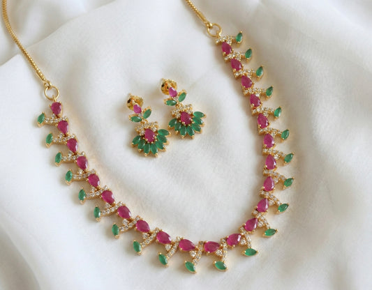 Gold tone AD Ruby-emerald Necklace Set-dj16844