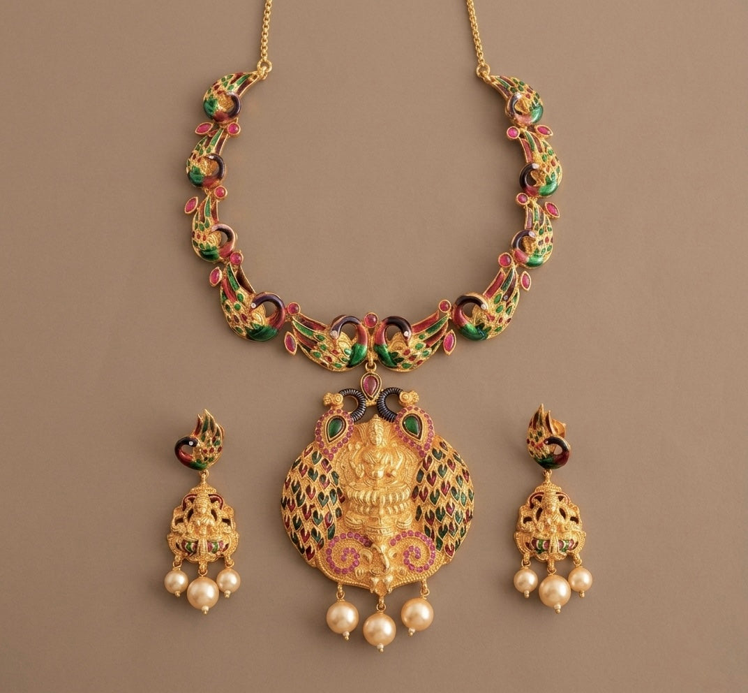 Gold Tone Ruby Meenakari Peacock Lakshmi Necklace Set-dj08558