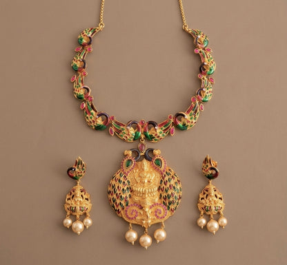 Gold Tone Ruby Meenakari Peacock Lakshmi Necklace Set-dj08558