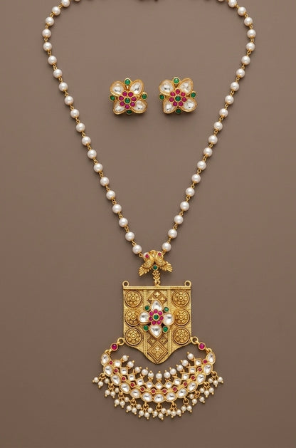 Antique gold tone Kundan jadau pearl chain with pendant set dj-53856