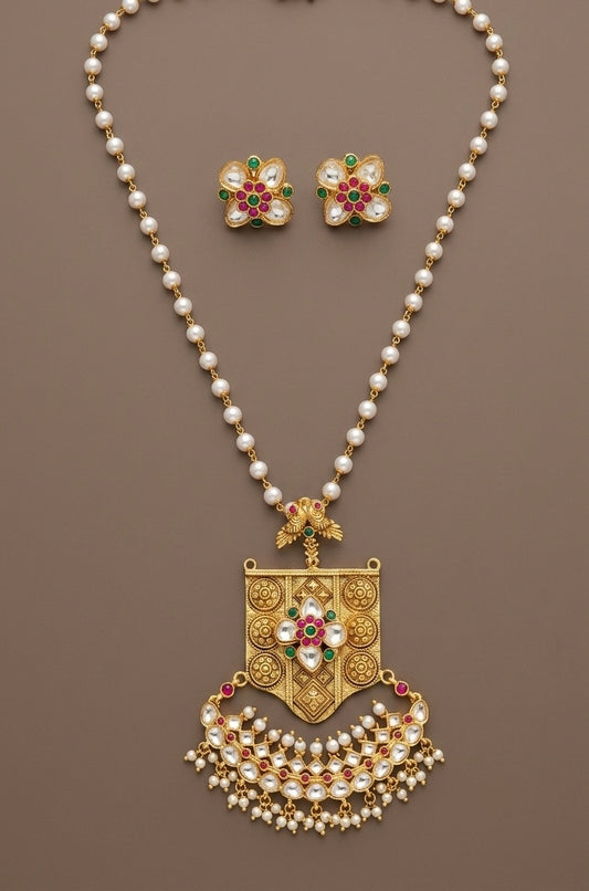 Antique gold tone Kundan jadau pearl chain with pendant set dj-53856