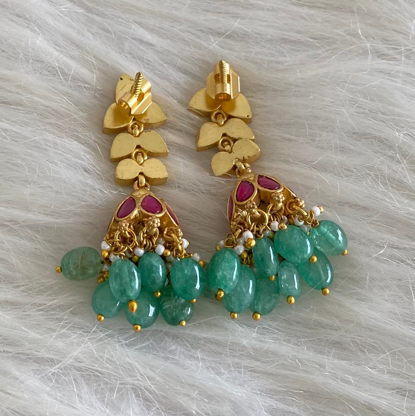 Gold tone kemp stone kundan jadau green beaded jhumkka  dj-54587