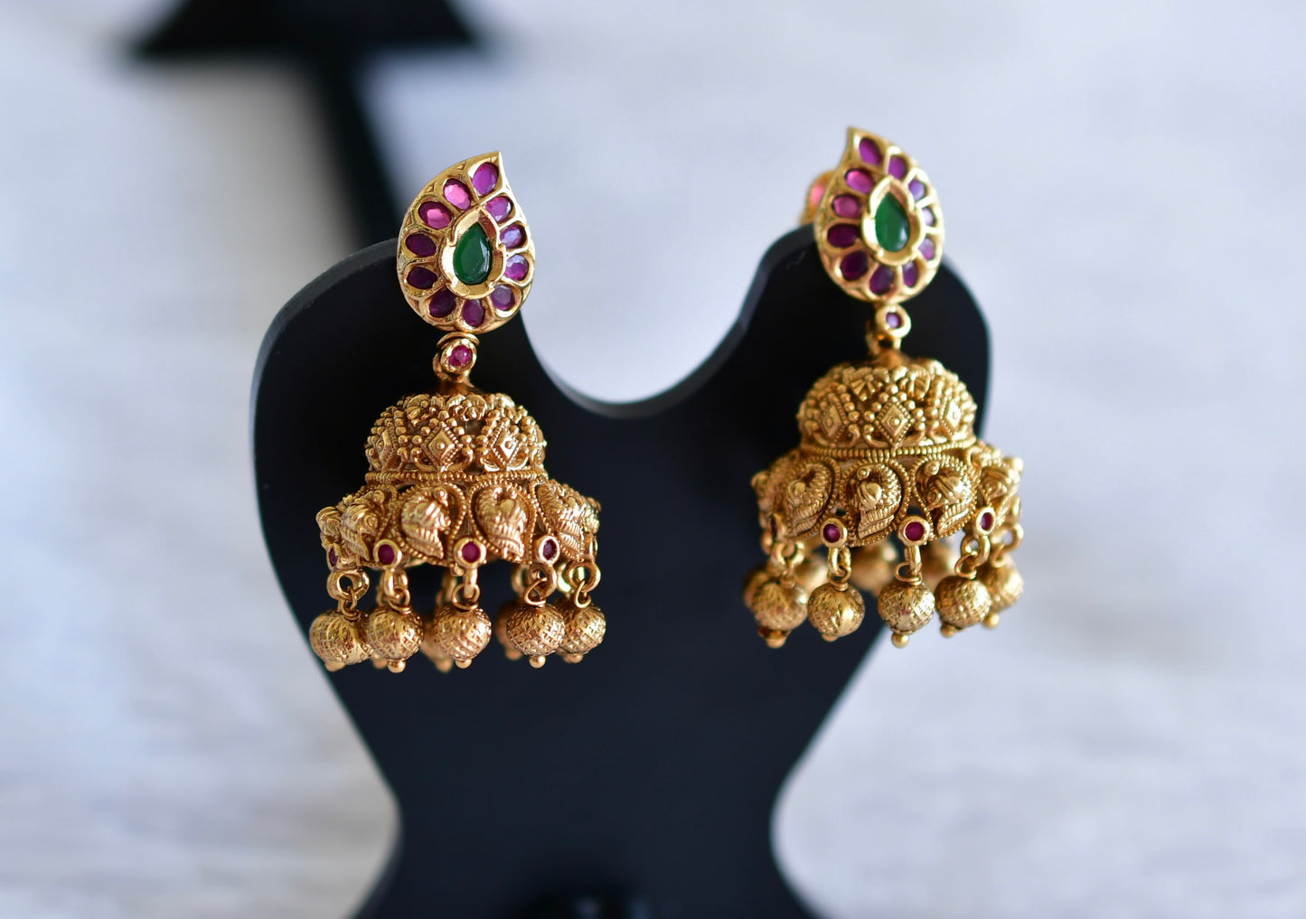Antique gold tone ruby-green mango-peacock jhumkka dj-51934