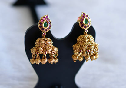 Antique gold tone ruby-green mango-peacock jhumkka dj-51934