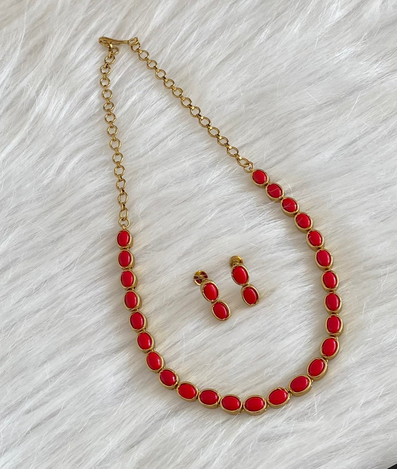Antique gold tone coral oval stone necklace set dj-54082
