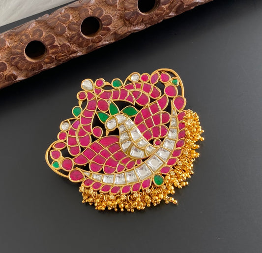 Gold tone pink-green-white kundan jadau peacock pendant dj-54198