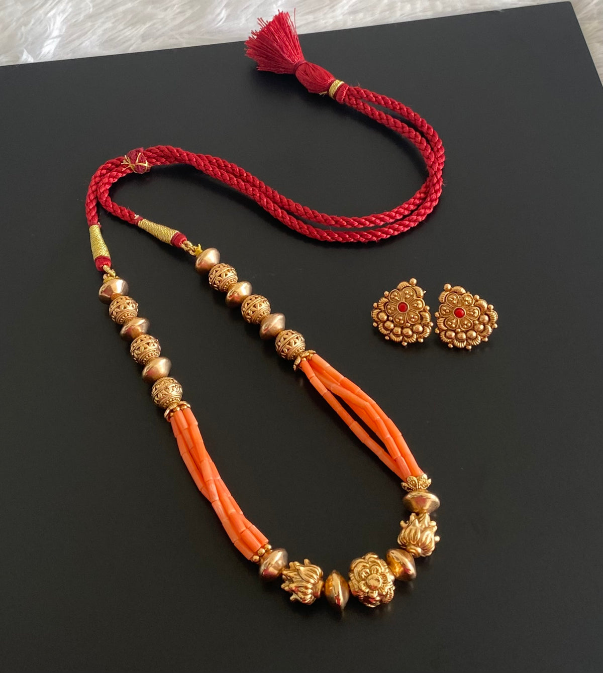 Antique gold tone coral nakshi beaded necklace set dj-54964