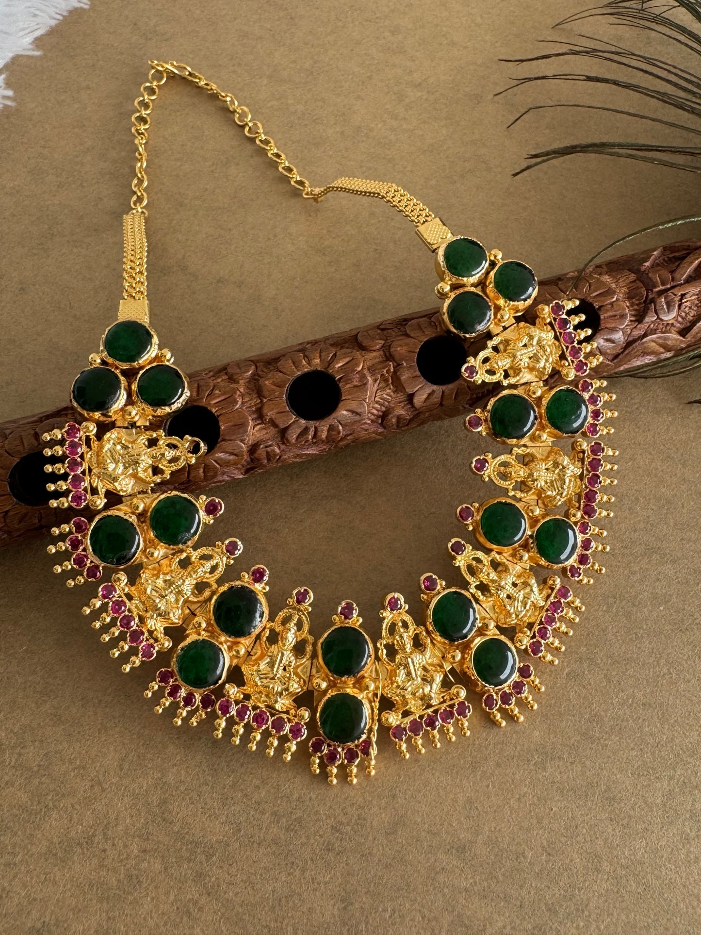 Gold tone pink-green kerala style round Lakshmi coin necklace dj-51711