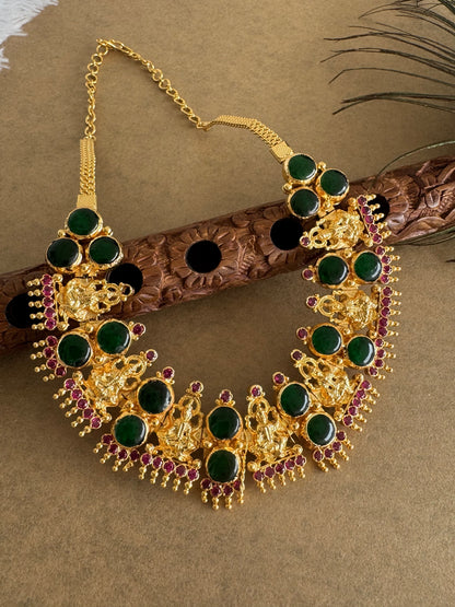 Gold tone pink-green kerala style round Lakshmi coin necklace dj-51711