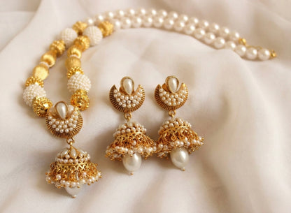 Gold tone pearl jhumkka pendant beaded necklace set - DJ17822
