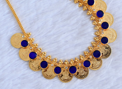 Gold tone kerala style blue-white round lakshmi coin necklace dj-53078