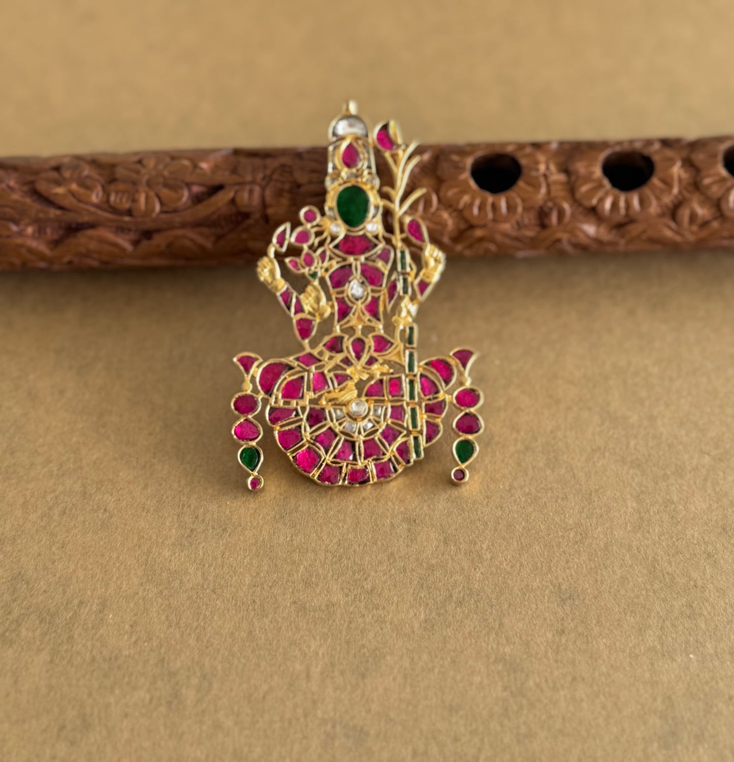 Gold tone pink-green-white kundan jadau Kamakshi pendant dj-51590