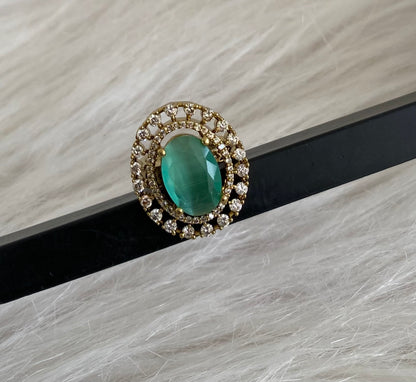 Antique gold tone cz white-sea green stone finger ring dj-55034