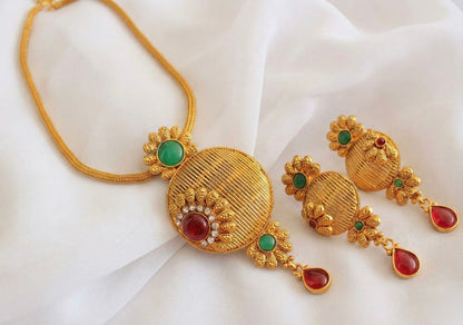 Antique Kemp-green Flower Pendant Necklace Set-dj17277