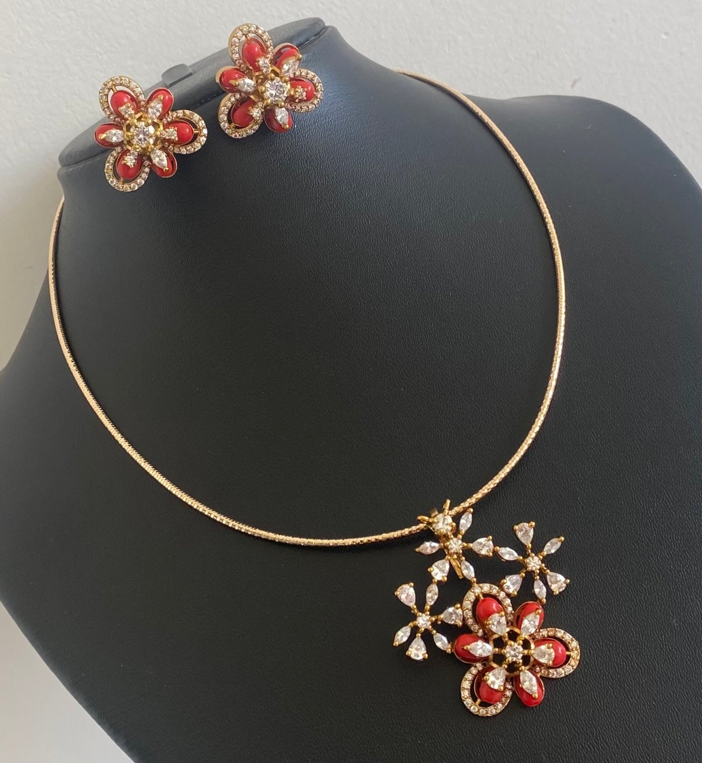 Two tone cz coral beaded pendant set with kanti necklace dj-54000