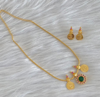 Gold tone pink-green stone lakshmi coin necklace set dj-54123