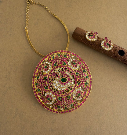 Matte finish pink-green-white kundan jadau huge round peacock necklace set dj-51541