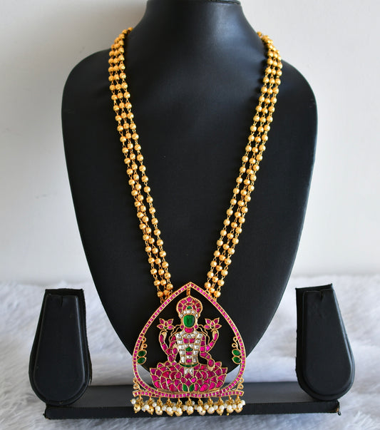 Gold tone pink-green kundan jadau Ma Lakshmi necklace dj-52578